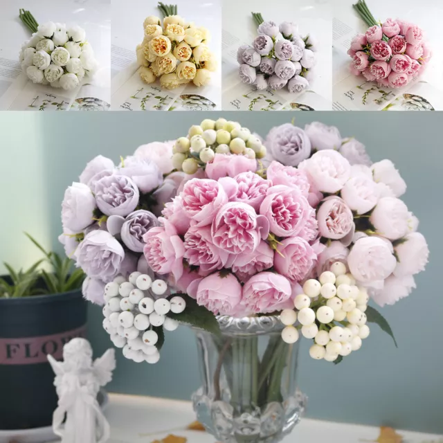 27 Heads Camellias Roses Buds Silk Artificial Flowers Wedding Bouquet Home Decor