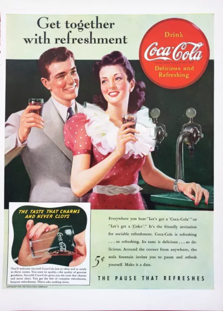 1941 COCA COLA COKE Get Together with Refreshment = Vintage Pint AD