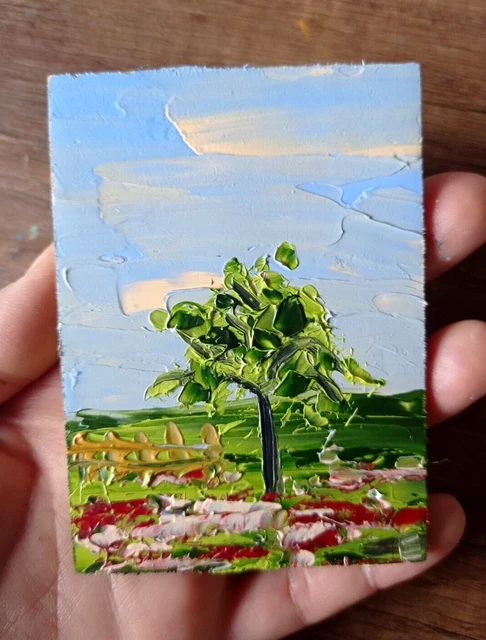 ACEO Original pintura paisaje noche atardecer pájaro árbol aceite arte...