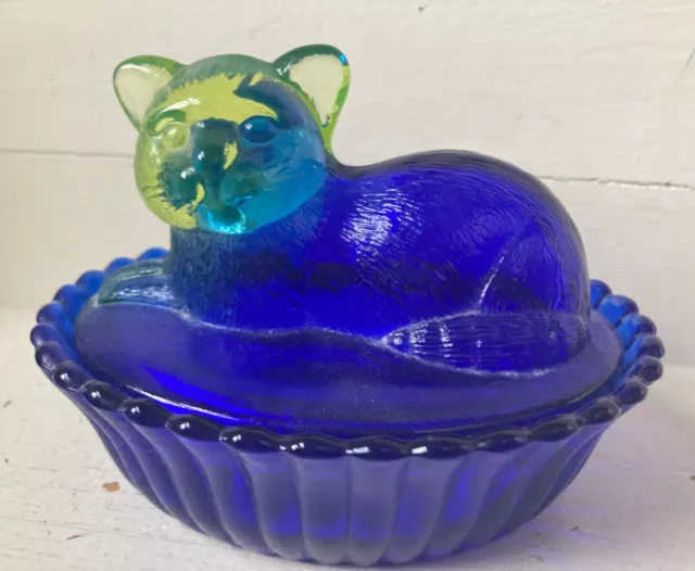 Father's Day? CAT in a BASKET GLASS DISH+LID RARE URANIUM GREEN-VASELINE HEAD