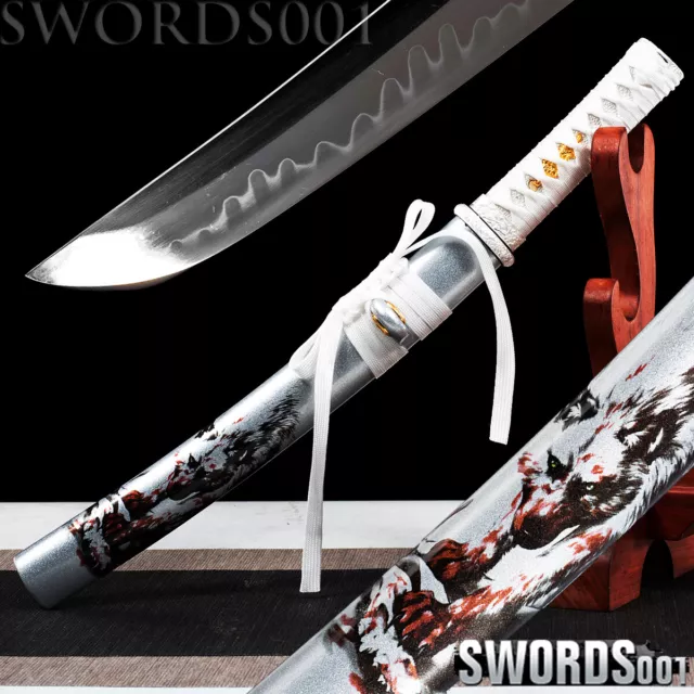 self defense Japanese Samurai Sword Tanto clay tempered T10 Steel ALPHA WOLF