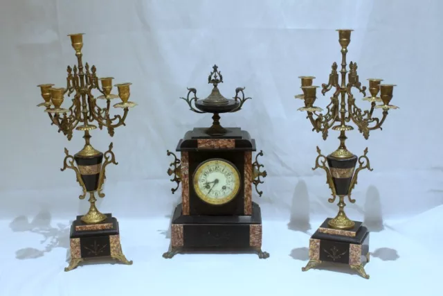 Antique French Mid 19th C., Japy Freres 3 Piece Mantle Clock & Candelabras