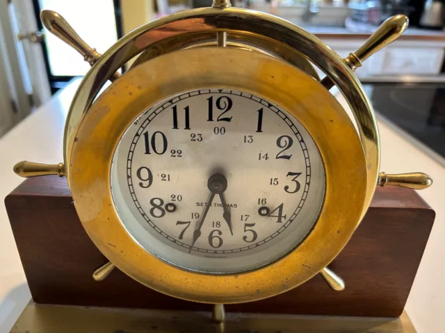 Vintage Seth Thomas Ships Wheel Brass Mantel Clock Helmsman w/ Key Works !!