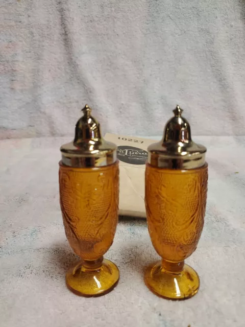 Vintage 1970's Tiara Indiana Glass Amber Footed Salt & Pepper Shakers