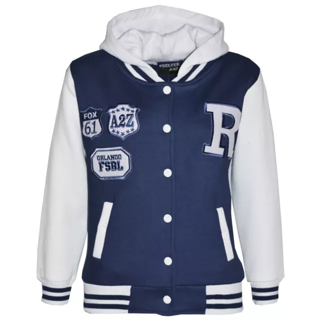 Kids Baseball Hooded Navy R Fashion NYC/FOX Jacket Varsity Coat Girls Boys 2-13Y
