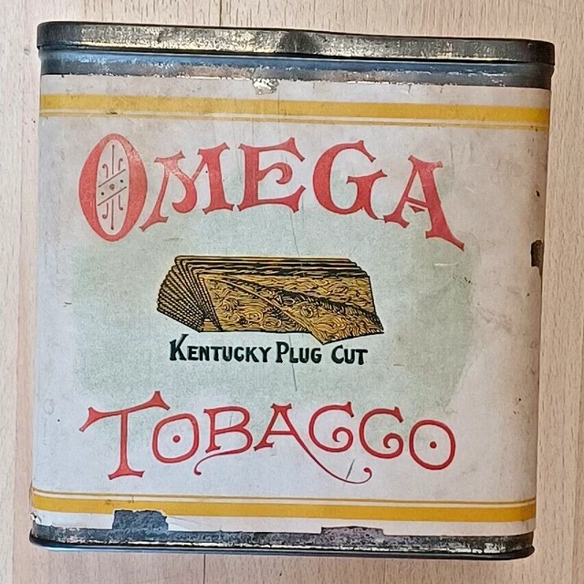 ANTIQUE OMEGA KENTUCKY Cut Plug 16 Oz Tobacco Tin Factory No. 6 Ohio