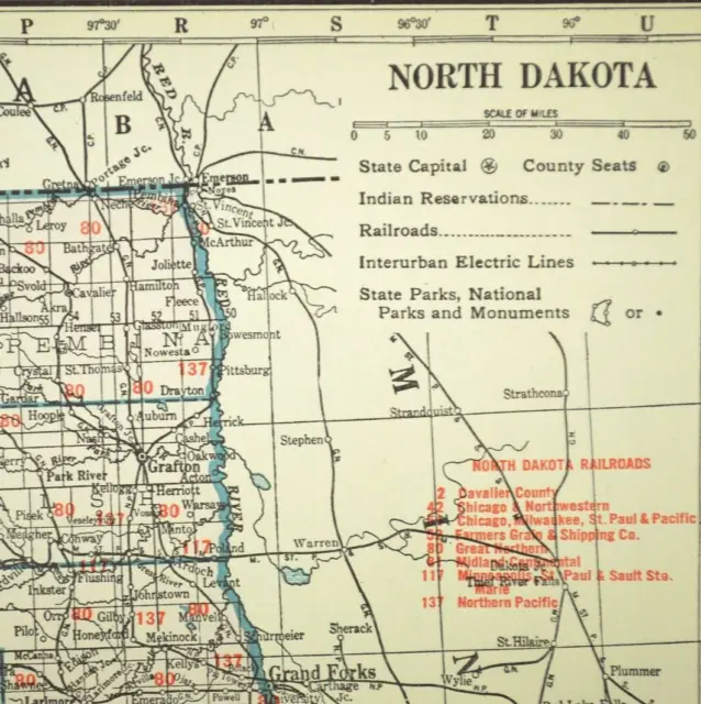 1920s Vintage NORTH DAKOTA Railroad Map LARGE Antique North Dakota State Map