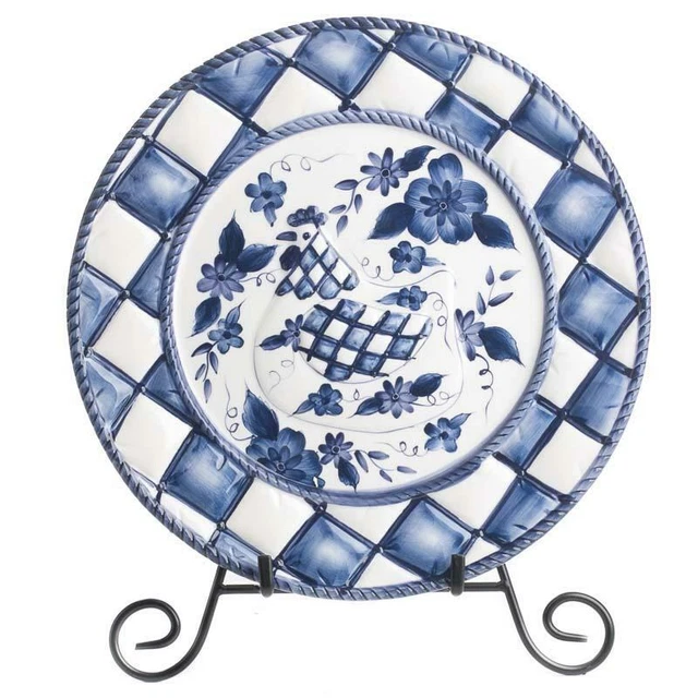 Set of 4 Blue and White Painted Ceramic Victorian Chicken Plates