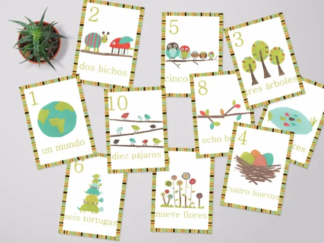 Woodland Nursery Spanish Counting Cards, Nature Themed Nursery Decor Flash cards