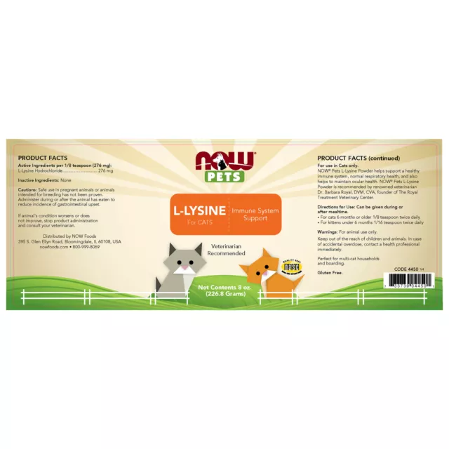 Maintenant Nourriture Animal L-LYSINE pour Chats 226.8g Immune Système Support 3