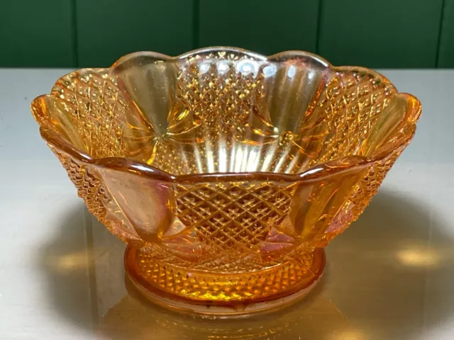 Vintage Carnival Art Glass Amber/Orange Pearlescent Scallop Top Bon-Bon Bowl