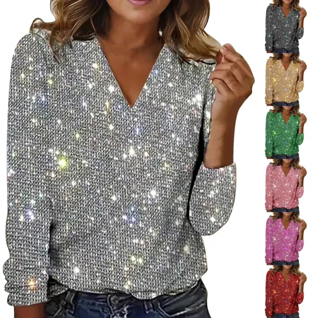 Women Sequin Glitter V Neck Tops Ladies Evening Party Blouse T-Shirt Blouse Size