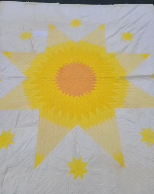 Vintage Antique Lone Star Patchwork Hand Pieced Quilt Yellow Double Bed 100"x85"