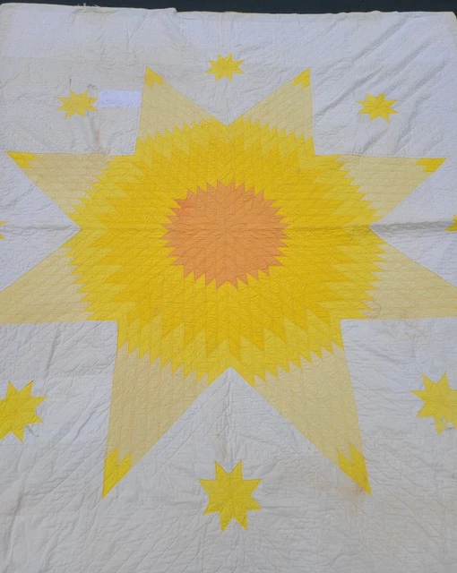 Vintage Antique Lone Star Patchwork Hand Pieced Quilt Yellow Double Bed 100"x85" Vintage Antique Lone Star Patchwork Hand Pieced Quilt Yellow Double Bed 100"x85"
