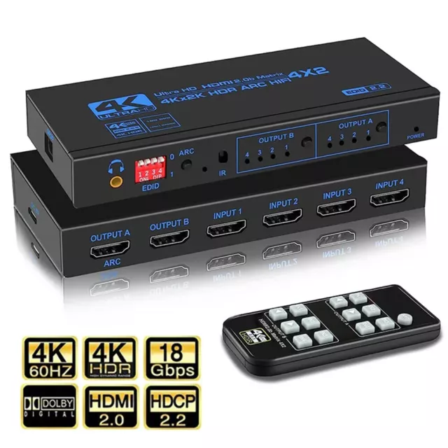 HDMI Matrix Switch 4x2 4K HDMI Matrix Switcher Splitter 4 In 2 Out Box Extractor