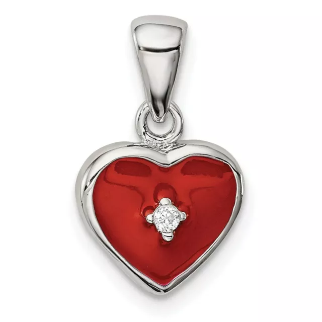 Sterling Silver Red Enameled Heart with CZ Charm Pendant 0.67 Inch