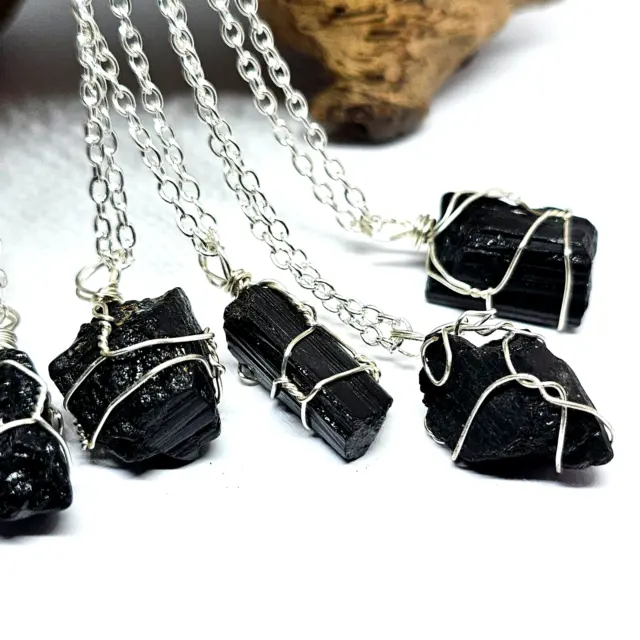 Raw Wired Black Tourmaline Pendant Necklace Real Gemstone Anxiety Protection 3