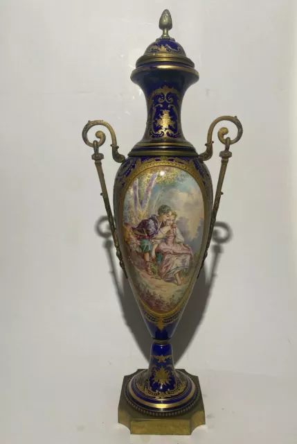 Large Sevres style porcelain vase urn 19th century fine signed