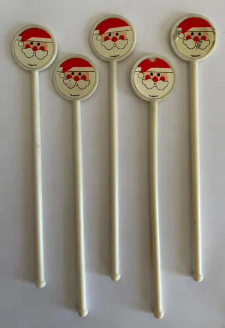 Vintage Santa Swizzle Sticks Set Of 5 Plastic Flaws Amscan