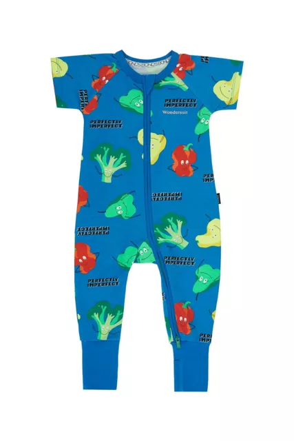 Bonds Baby Short Sleeve Zip Wondersuit sizes 0000 000 00 Colour Blue Veggies