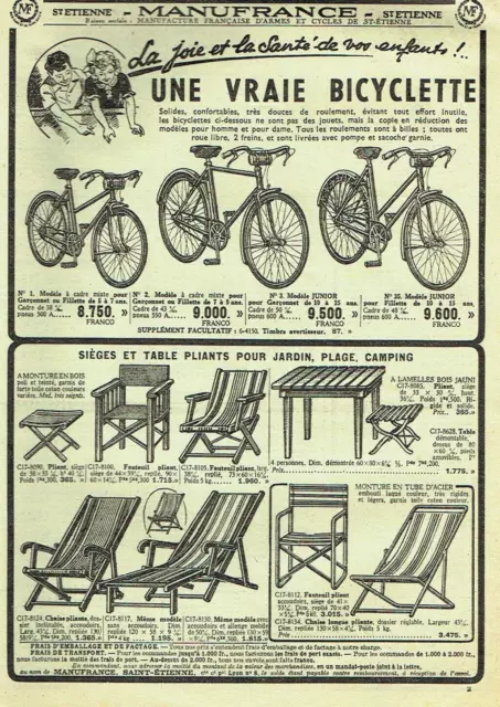 publicité Advertising  0223 1949  Manufrance  bicyclette sièges pliants jardin