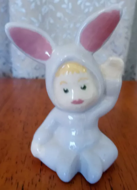 Baby In Bunny Pajamas Vintage Ceramic Kitschy Easter Bunny Child Figurine Signed