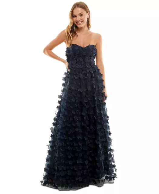 CITY STUDIOS Strapless Gown Juniors Size 0 Navy 3D Floral Lace Up Back NWT $179