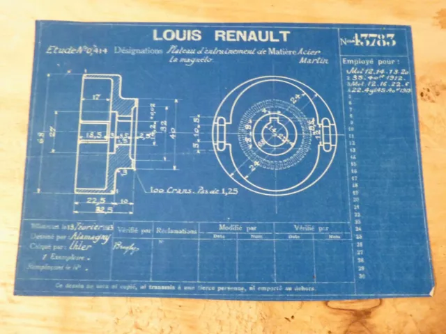 ORIGINAL 1913 - Blueprint Renault cyanotype  - Plateau d'entraînement