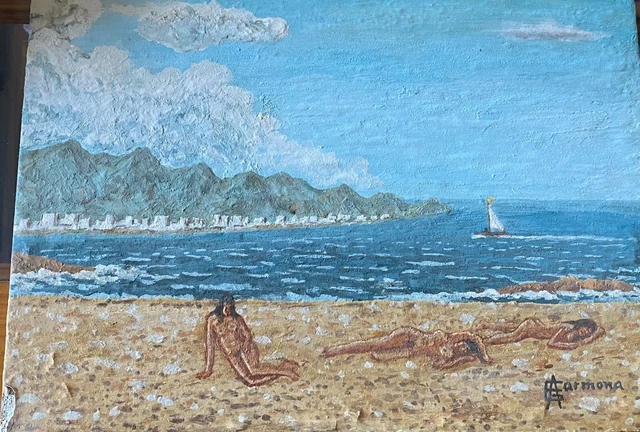 Cuadro Antiguo Pintado A Mano Mujeres En Arena Y Playa Aquitienesloquebuscas.com