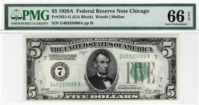 $5 1928A Federal Reserve Note Chicago / Gem Uncirculated Pmg 66Epq Fr 1951G