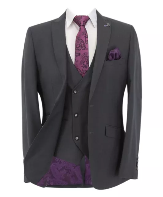 Mens Slim Fit Suit Grey Formal Wedding Business 3 Piece Set