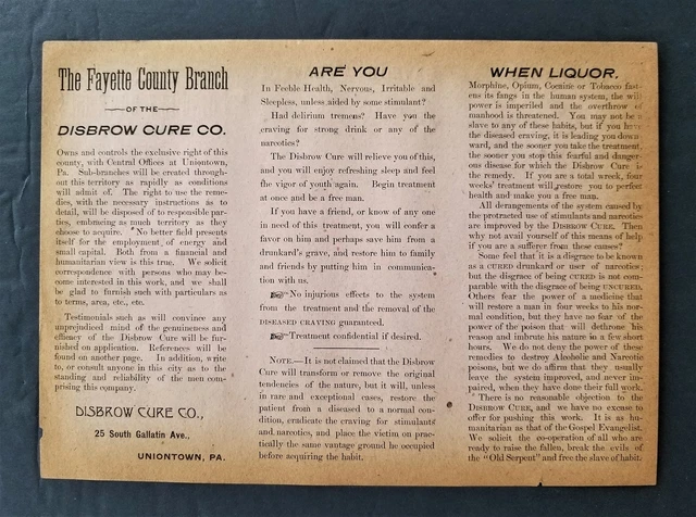 1897 antique uniontown pa DISBROW MEDICAL AD Cure Alcohol cocaine opium quack md