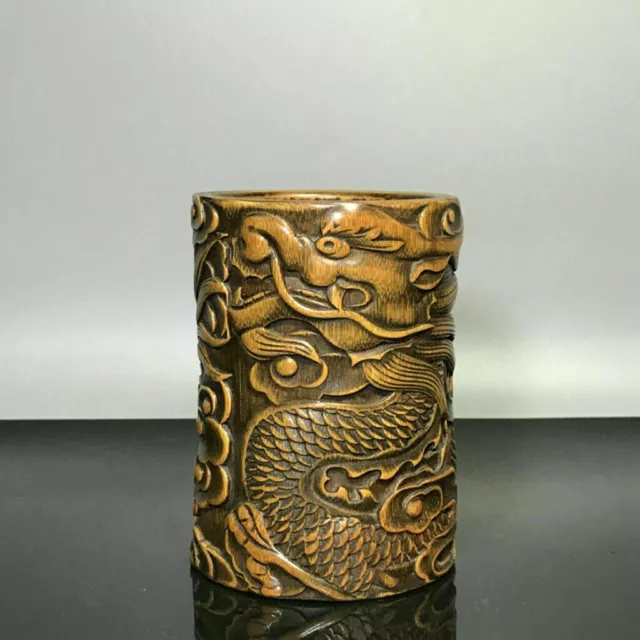 Chinese Natural Bamboo Hand-Carved Exquisite Loong Figure Brush Pot 101936