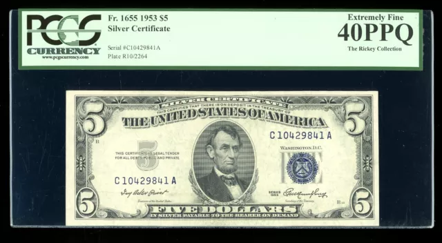 DBR $5 1953 Silver Fr. 1655 CA Block PCGS XF-40 PPQ Serial C10429841A