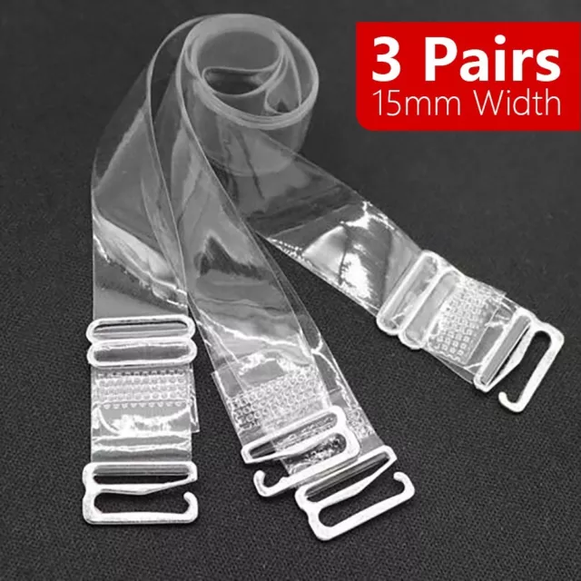 3 Pairs Transparent Clear Bra Straps Invisible Adjustable Metal Hook 1.5cm