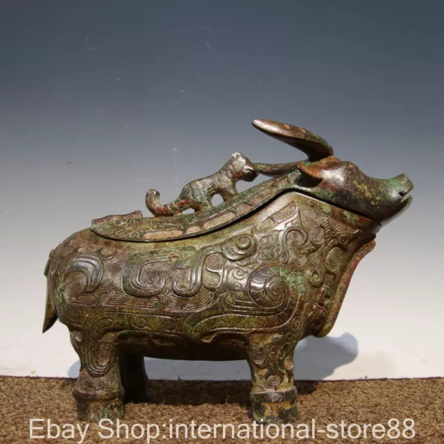 10.2" Old Chinese Bronze Ware Dynasty Palace Bull Oxen Dragon Beast Statue