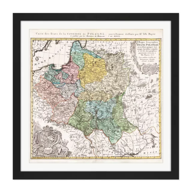 Map Antique 1750 Homann Poland Old Historic Replica Square Framed Wall Art 16X16
