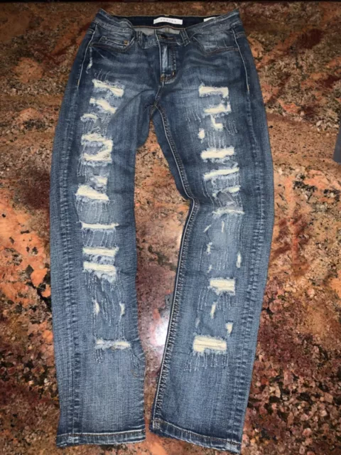 Eunina Womens  Size 5 Medium Wash Low Rise Distressed Boyfriend Crop Jeans 26x27