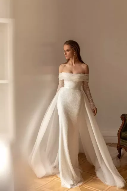 Meerjungfrau Braut Hochzeitskleid langärmelig Pailletten trägerlos abnehmbarer Zug