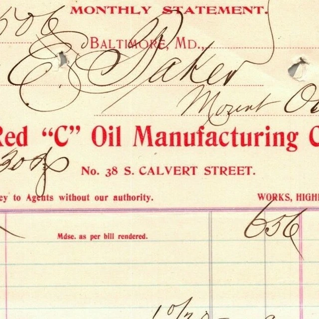 1899 Letterhead Statement Red "C" Oil Mfg. Co. Baltimore - Ephraim Baker*