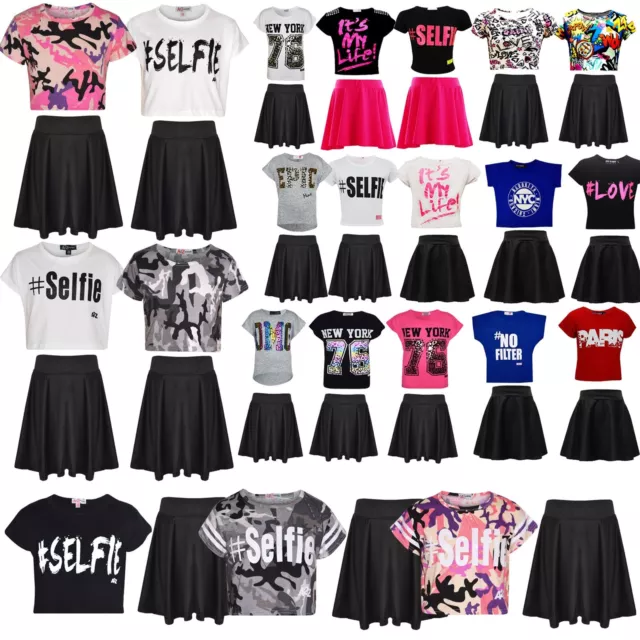 Kids Girls Comic Graffiti Leopard #SELFIE Crop Top & Fashion Skater Skirt Set