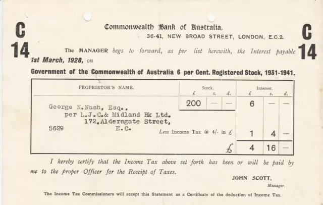 Statement Commonwealth Bank of Australia, London E.C.2 1928 Regd Stock Ref 46039