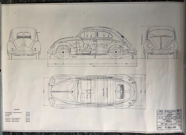 Konstruktionszeichnung Volkswagen VW Typ 1, Käfer Brezel Zwitter, 59x83 cm. 1952