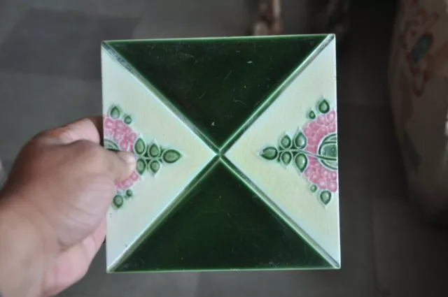 4 Pc Vintage Majolica H&R Floral Decorative Art Ceramic Tiles , Japan 5