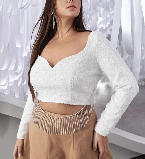 Shein Curvy Sweetheart Neck Waist Chain Rhinestone Long Sleeve Crop Top Size 4XL