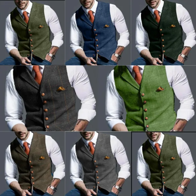 Mens Herringbone Tweed Vest Waistcoat Vintage Formal Notch Lapel Retro Vest UK