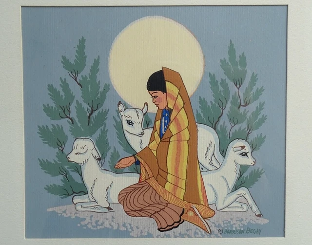 1957 Harrison Begay Silk Screen Serigraph Girl Lambs Moon Framed Signed 11x11.5