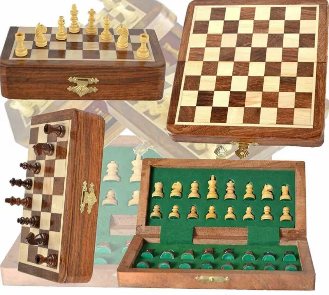 Juego de ajedrez de viaje magnético plegable de madera de 7 pulgadas con monedas de ajedrez