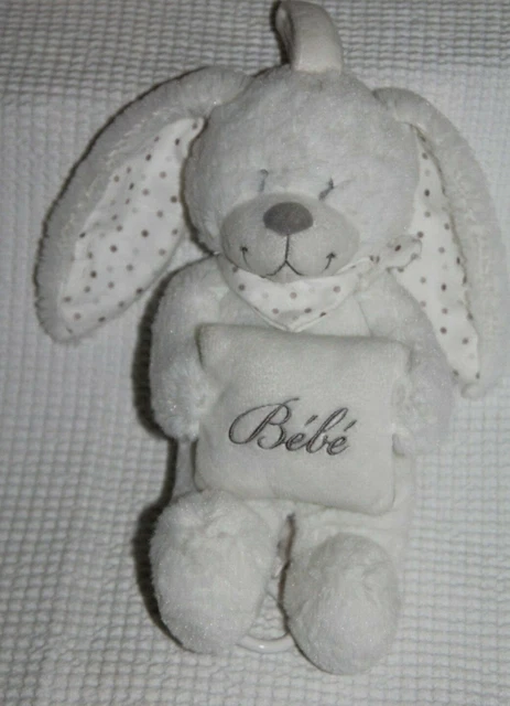 Doudou Pommette Lapin Musical Blanc Bebe Coussin Pois Gris Com Neuf