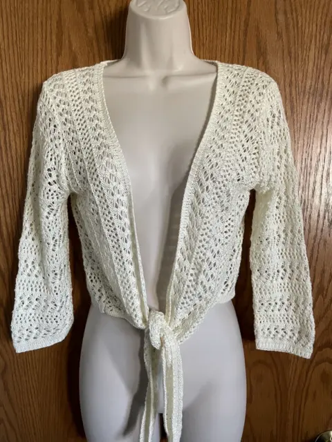 Dressbarn Cropped Cardigan Sweater Ivory Tie Front 100% Acrylic Women's Size Med